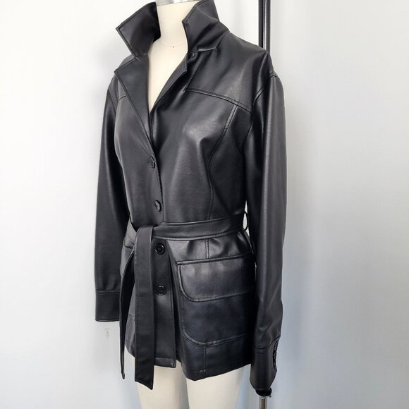 Outer Edge Faux Leather Trench Coat – Early 2000s Y2K Belted Jacket - Picture 5 of 12